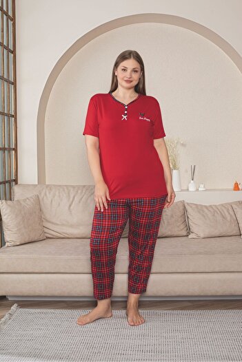 Asel Large Size Red Short Sleeve Bamboo Pajama Set