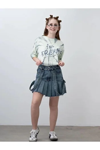 Zekids Fusta de denim cu design plisat cu bretele pentru fete