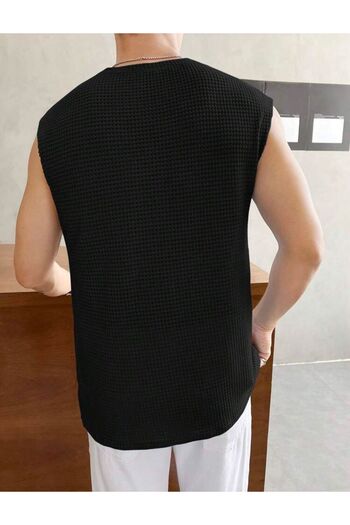caddekombin Erkek Waffle Kumaş Sıfır Kol Siyah Tişört