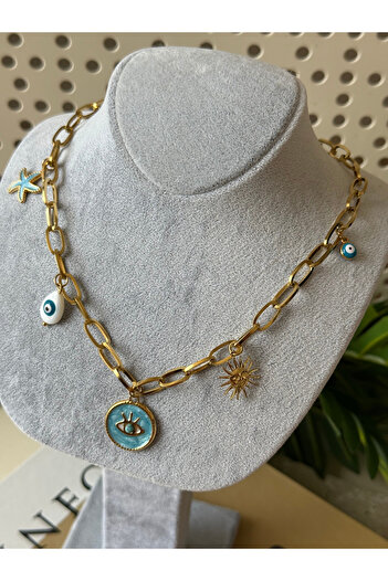 DKY Collection Göz,Güneş, Deniz Yıldızı ve Nazar Charmlı Çelik Kolye