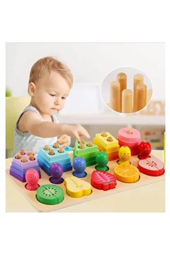 Picodino Set Lemn 3 In 1 Montessori, Educativ, Sortator Cu Forme Geometrice Si De Pescuit, Puzzle