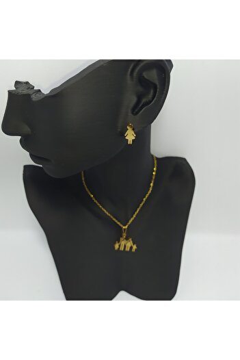 EsEsin 316L Paslanmaz Çelik Gold Renk Anne Baba Çocuklar Aile Konseptli 40 cm Kadın Kolye Küpe Seti