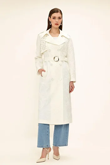 Olcay Zippered Cape with Stone Detail on Sides Lined Glitter Jacquard Trench Coat Ecru 6725