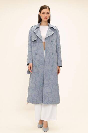 Olcay Seitlich mit Reißverschluss Cape Stone Detailliert gefütterter Glitzer-Jacquard-Trenchcoat BLAU 6725