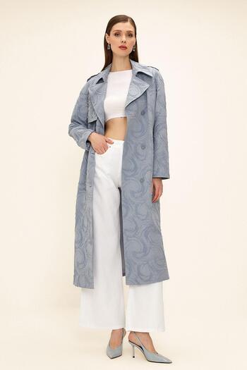 Olcay Seitlich mit Reißverschluss Cape Stone Detailliert gefütterter Glitzer-Jacquard-Trenchcoat BLAU 6725