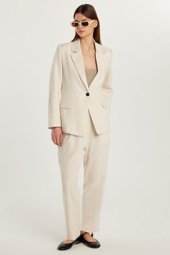 Tudors Women's Slim Fit Long Sleeve Mono Collar Buttoned Ecru Jacket Pants Suit