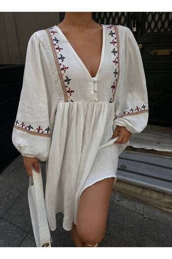 LB Laluna Butik Women's Embroidery Detailed Linen Dress