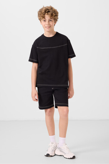 TOMMY LIFE Black Cotton Oversize Fit Woven Lightweight Flexible Chino Boy Shorts Suit - 11279