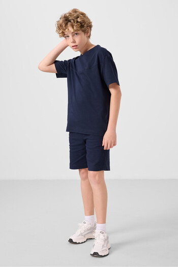 TOMMY LIFE Navy Blue Cotton Oversize Fit Woven Lightweight Flexible Chino Boy Shorts Suit - 11279