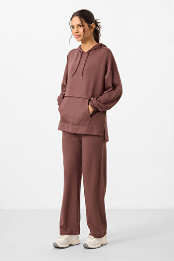 TOMMY LIFE Kahverengi Yumuşak Dokulu Kapüşonlu Oversize Kadın Eşofman Tunik Takım - 95348