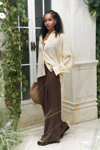 BOHEMAİ Mahoney Brown Linen Palazzo Trousers