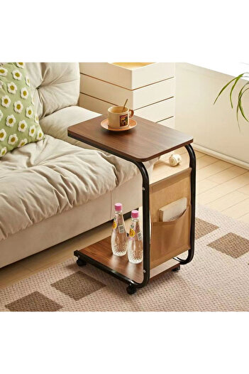 Viyogo Carbon steel coffee table, 4 wheels, 2 MDF tops, storage pocket, brown