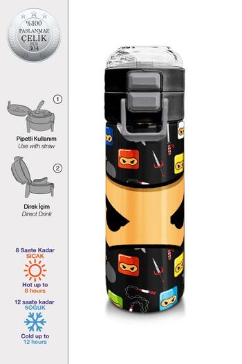 Coral High Kids Erkek Desenli Pipetli ve Direkt İçim Çelik Termos 500 ml