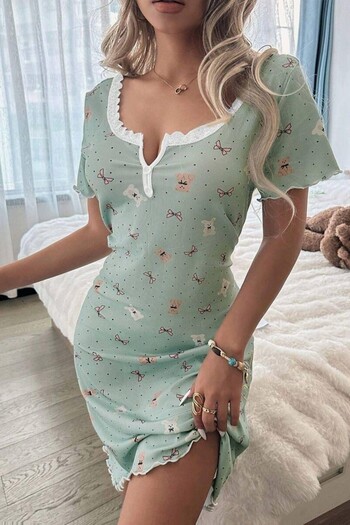 BELLA NOTTE Green Teddy Bear and Bow Patterned Pajama Nightgown