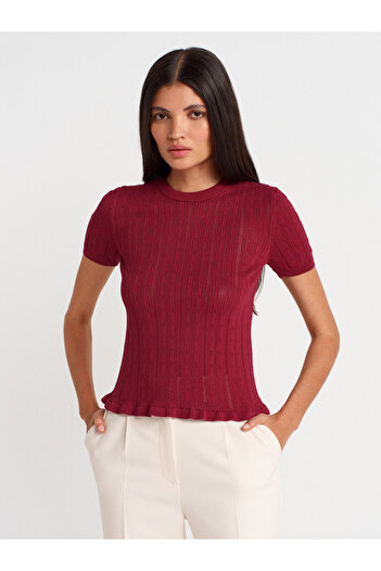 Dilvin 10762 Crew Neck Openwork Ruffled Blouse-Light Claret Red
