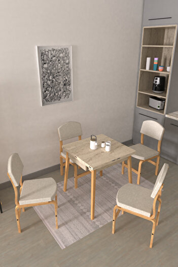 VİLİNZE Ege Sandalye Avanos Ahşap MDF Kanatlı Mutfak Masası Takımı - 70x70+70 cm