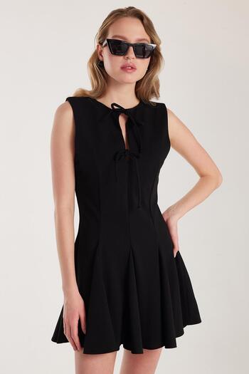 Tudors Women's Regular Fit Classic Cut Neck Tie Detailed Mini Black Dress