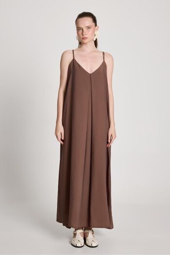 minaaise Γυναικείο Καφέ 100% Modal Strap Loose Cut Long Φόρεμα 29201