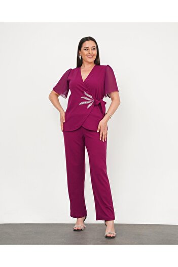 Butik Nilyam Women's Plus Size Double Breasted Collar Pearl Leaf Detail Chiffon Sleeve Evening Dress Suit 24726