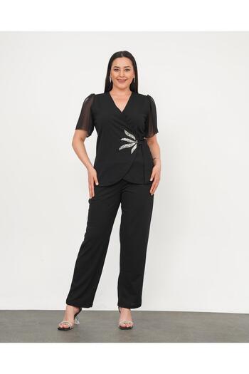 Butik Nilyam Women's Plus Size Double Breasted Collar Pearl Leaf Detail Chiffon Sleeve Evening Dress Suit 24726