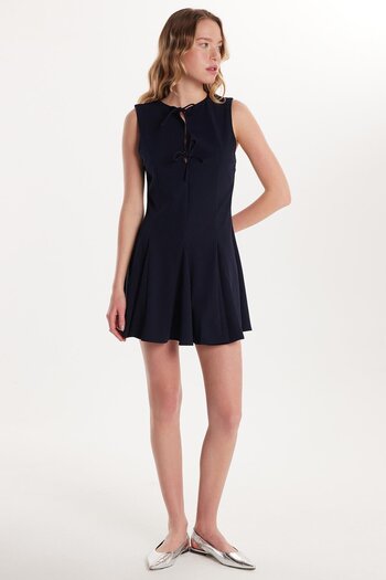 Tudors Women's Regular Fit Classic Cut Neck Tie Detailed Mini Navy Blue Dress