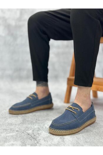 Byshoes Ba0358 Boa Natural Leather Powder Lace-Up Rubber Handmade Espadrille Sole Blue Color Men's Shoes