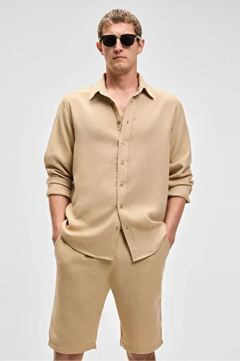 GRIMELANGE Raimo Men's 100% Cotton Muslin Fabric Cuffed Long Sleeve Comfort Fit Beige Shirt