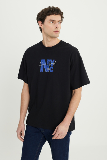 AC&Co / Altınyıldız Classics Ανδρικό μπλουζάκι μαύρο-ναυτικό μπλε Oversize 100% βαμβακερό φαρδύ μπλουζάκι με στάμπα με λαιμόκοψη