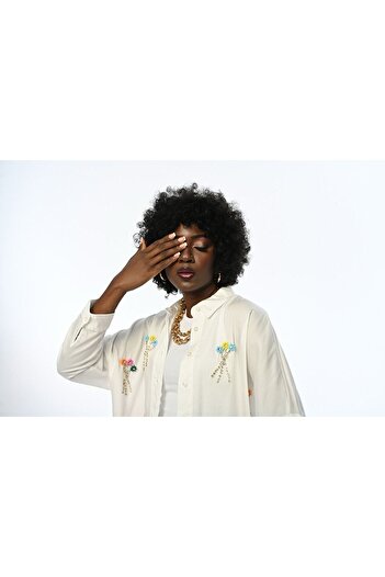 Orfeo Negro Women's Colorful Stoned Beaded Cotton Satin Shirt