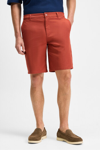 GRIMELANGE TEEMO Men's Zippered Lycra Slim Fit Brick Color Shorts with Side Pockets