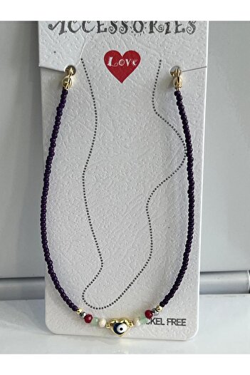 Meri Evil Eye Heart Detail Purple Beaded Anklet