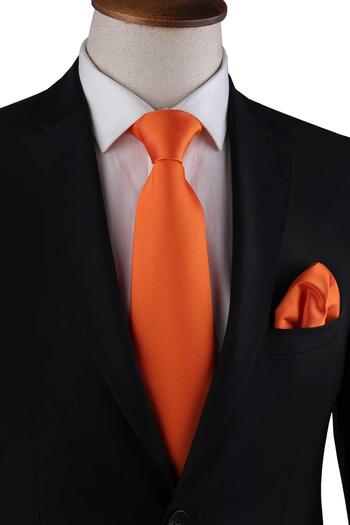 Kravatkolik Orange Reps Textured Classic Tie with Plain Handkerchief Kk13178