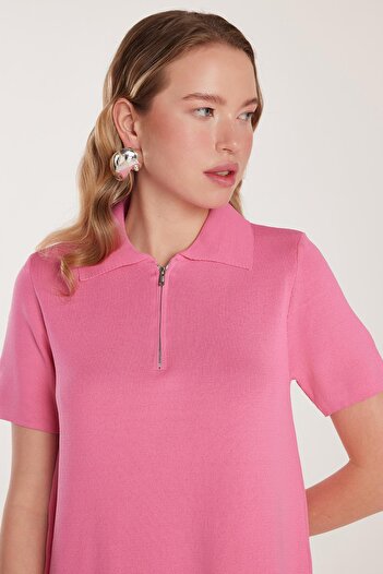 Tudors Women's Standard Fit Short Sleeve Zip Shirt Collar Pink Dress