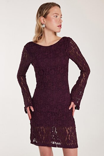 Tudors Women's Slim Fit Slim Fit Long Sleeve Backless Knit Detailed Plum Dress