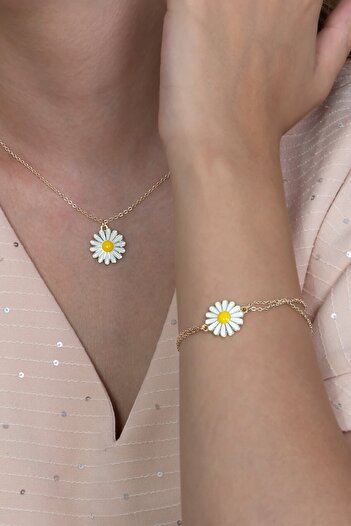 Takı Dükkanı Gold Color Enamel Daisy Necklace and Bracelet Set Combination Bbs03