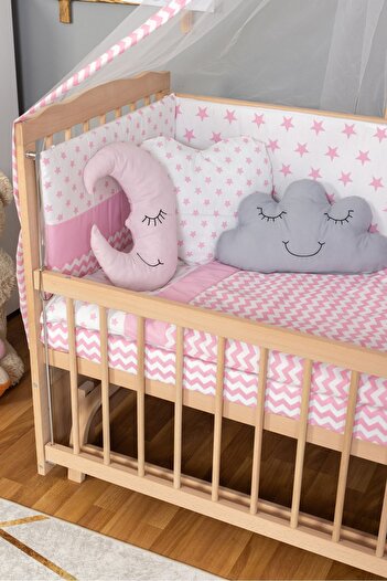 Bamgidoo Ahşap Beşik Anne Yanı Beşik Organik(Boyasız) 60x120-Pembe Yıldız 3 Yastık Uyku Seti + Yatak