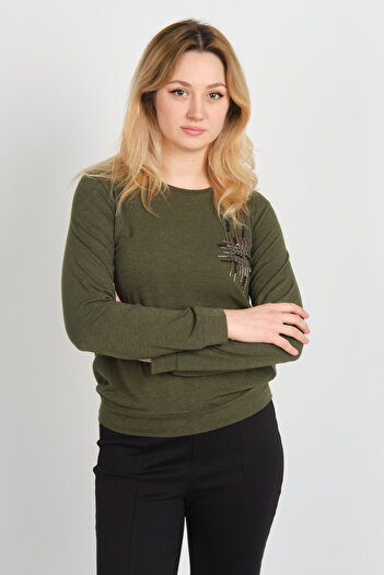 Sistas Women's Stone and Bead Decorated Long Sleeve Blouse 24589 Khaki