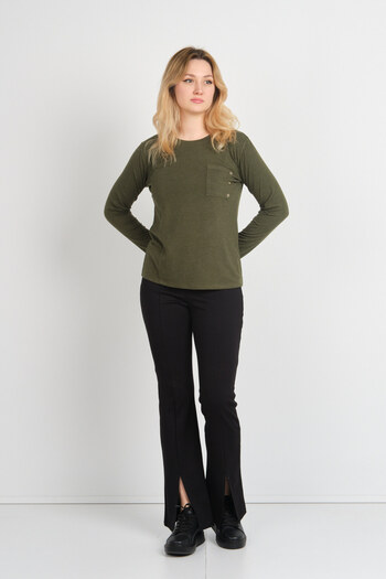 Sistas Women's Single Pocket Crew Neck Long Sleeve Blouse 24525 Khaki