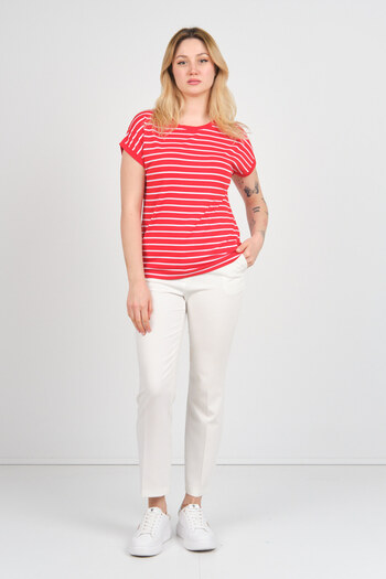 Sistas Women's Crew Neck Striped Blouse with Gold Buttons on the Sides 24298 Red