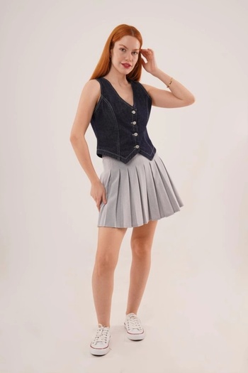 MetuCA Navy Blue Jean Vest with Button and Front Stitching Detail