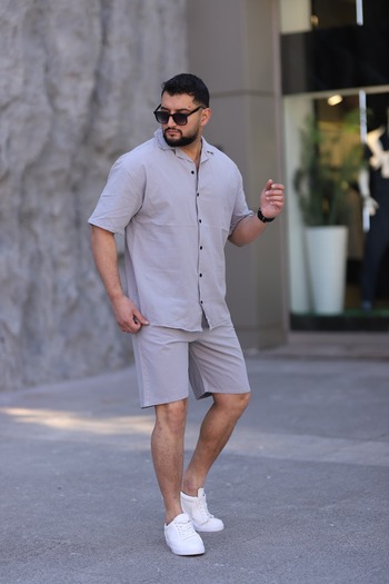 MYRAB DENİM Gray Color Shirt Shorts Men's Linen Suit Oversize Fit