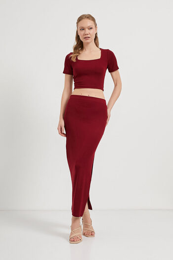 Arma Life Women's Crop Blouse Slit Stretch Skirt Burgundy Bottom Top Set