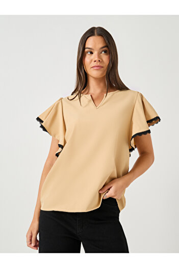 Take Two By Styli Women Contrast Lace Trim Flounce Sleeves Blouse