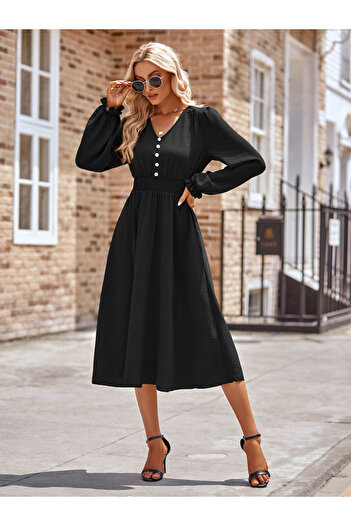 Take Two By Styli Plain Black A-Line With long Sleeves Midi Dress