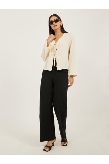 Styli Plain V Neck Linen Look Top with Tie Detail