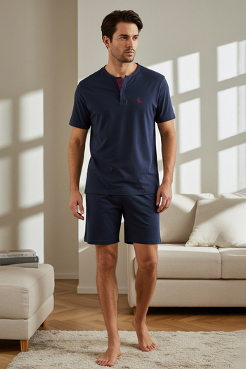 Trendyol Collection Navy Blue Regular Embroidered Dowry Shorts Knitted Pajama Set Tmnss25Pt00079