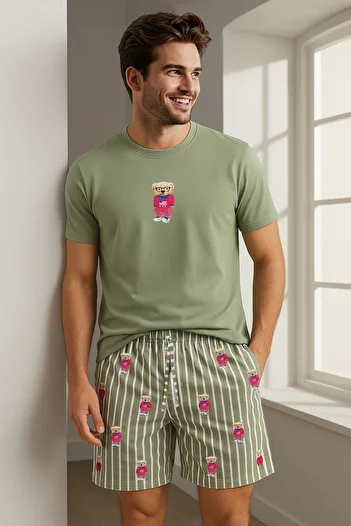 Trendyol Collection Σετ Πιτζάμες Χακί Regular Fit - Πλεκτό Σορτς με στάμπα