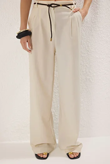 Trendyol Collection White Wide Leg/Wide Leg Belted Trousers Twoss25Pl00114