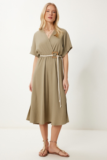 Happiness İstanbul Women's Khaki Double Breasted Collar Belted Stretchy Wrap Dress Zv00310