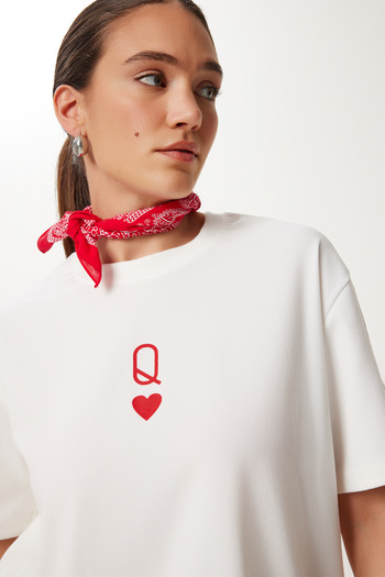Happiness İstanbul Dámské oversize pletené tričko Ecru s potiskem AN00245